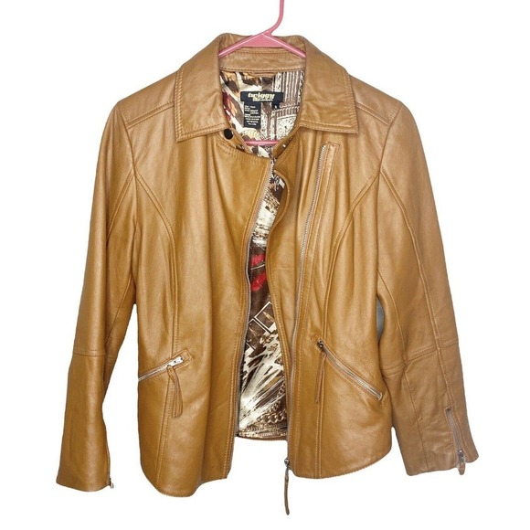 Twiggy of London Tan Leather Full Zip Moto Jacket Hipster Biker Punk Rock Small - Picture 1 of 12